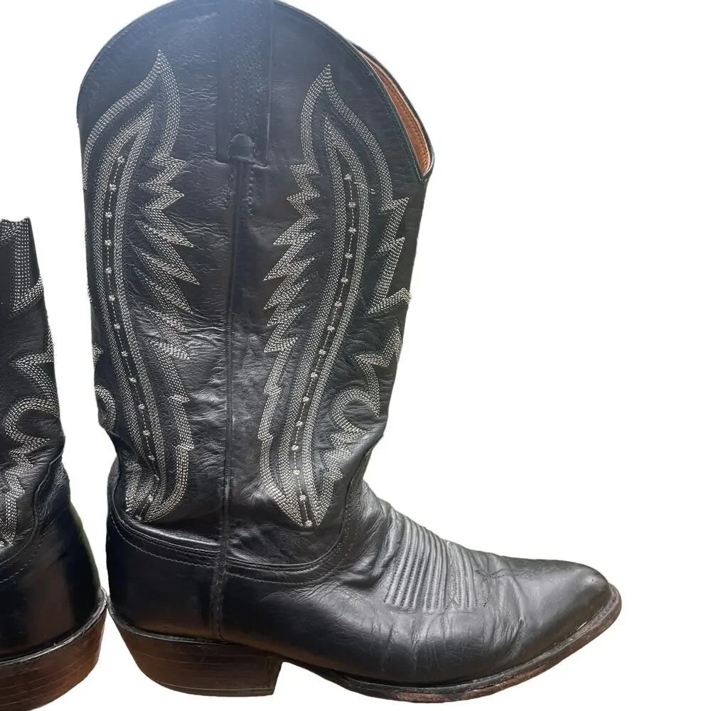 Lucchese 2000 Black Leather Cowboy Boots Snip Toe Mens 8 D